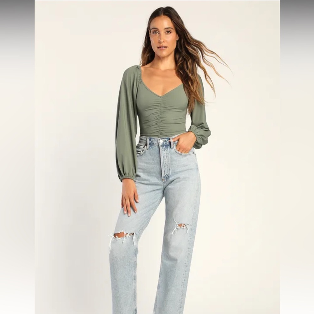 Certified Flirt Green Ruched Long Sleeve Bodysuit